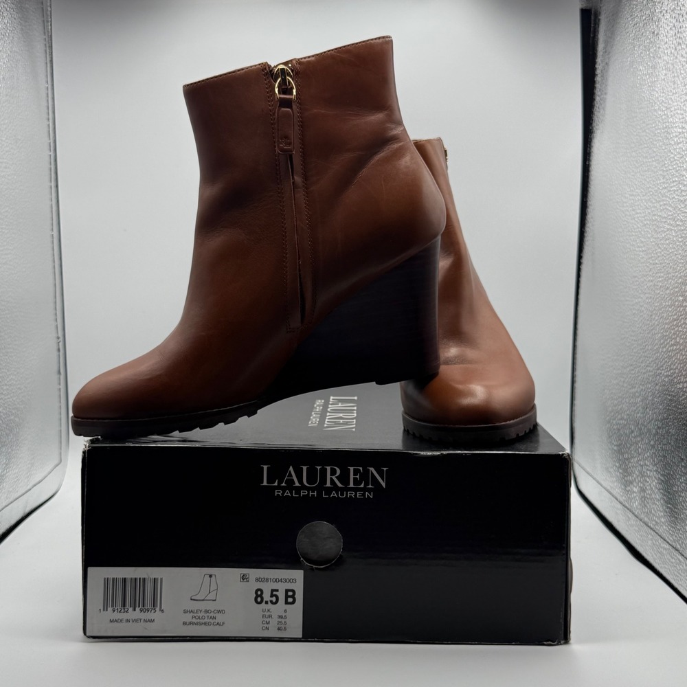 Lauren Ralph Lauren Shaley Boot Women 8.5B Tan Excellent Leather Wedge Ankle